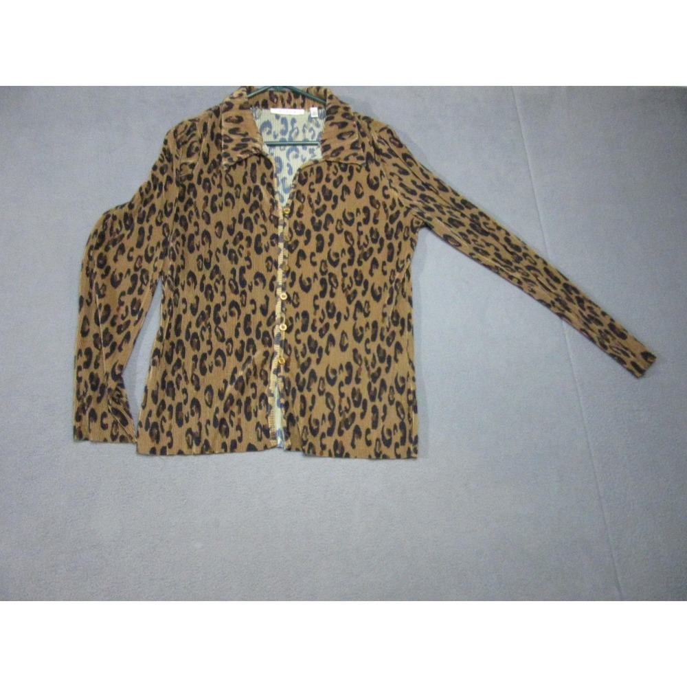 Cyrus Shirt Womens Medium Brown Leopard Animal Print Pleated Button Up Knit Top